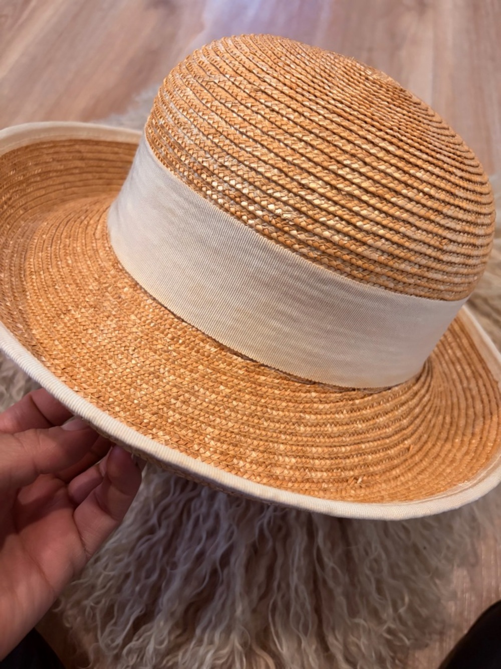 Eric Javits Natural Straw Cloche Hat with Cream Band